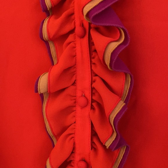 Sheer button up red blouse, tiered ruffle multi-color lapel and cuffs, gorgeous! - Picture 4 of 7